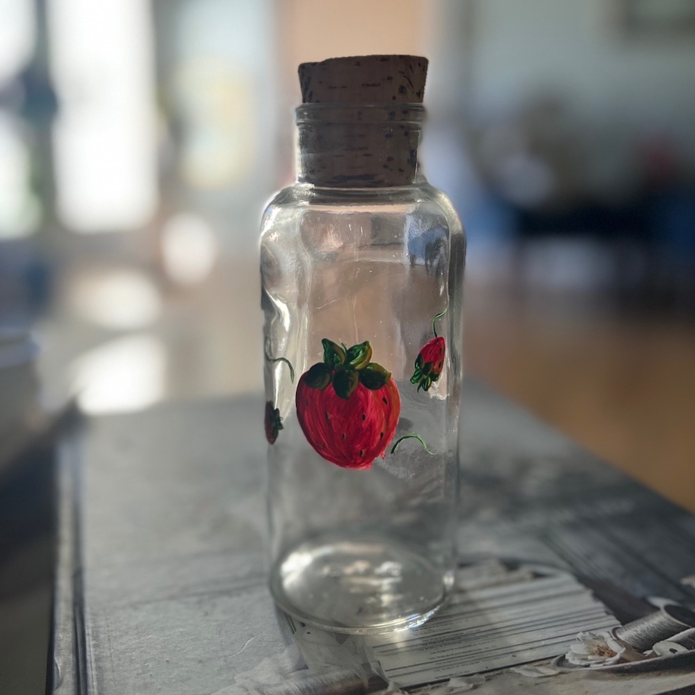 Vtg bottle/jar hand-painted strawberries strawberry with cork